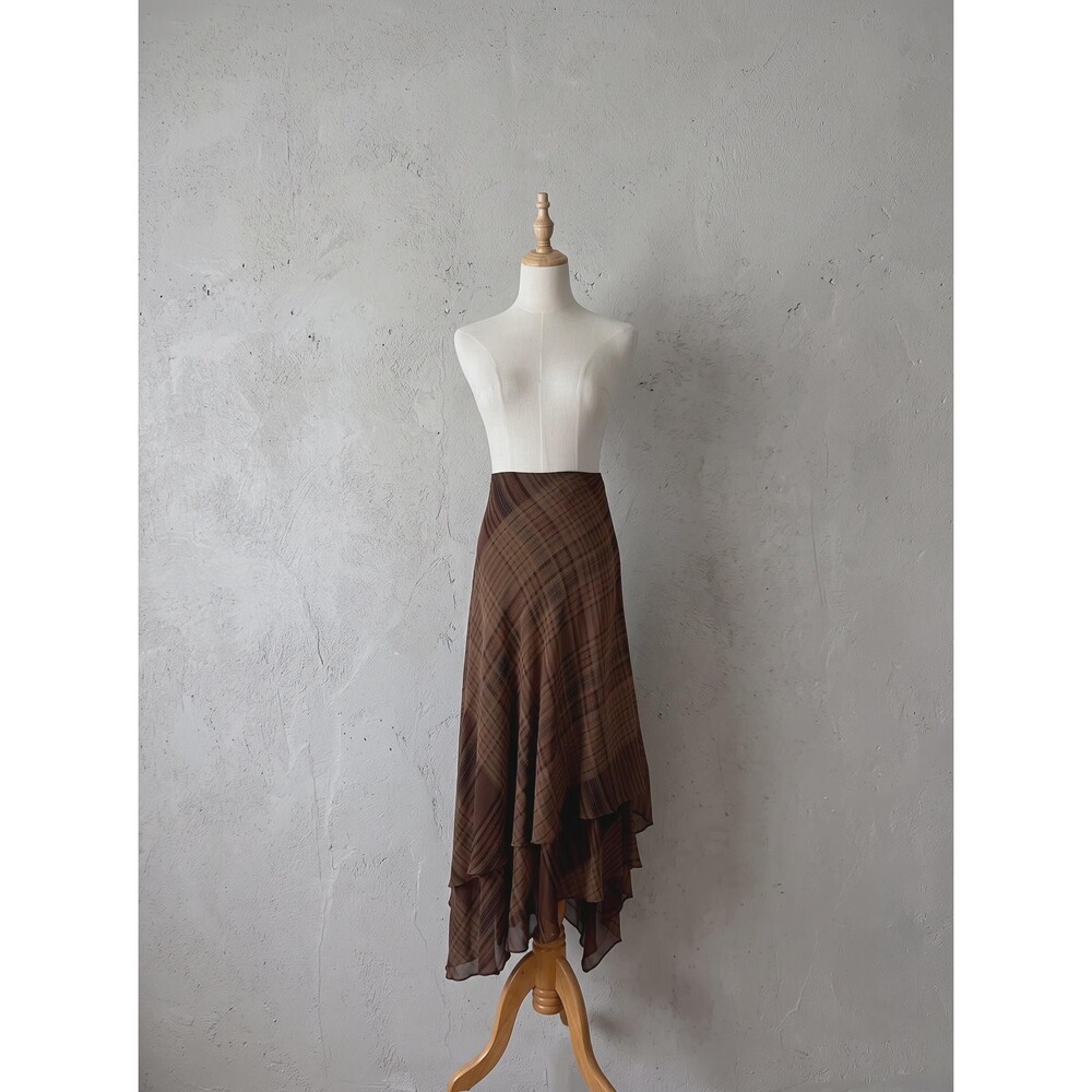 Lauren Ralph Lauren c. 1990s Silk Chiffon Skirt in Taupestone Plaid | 16
